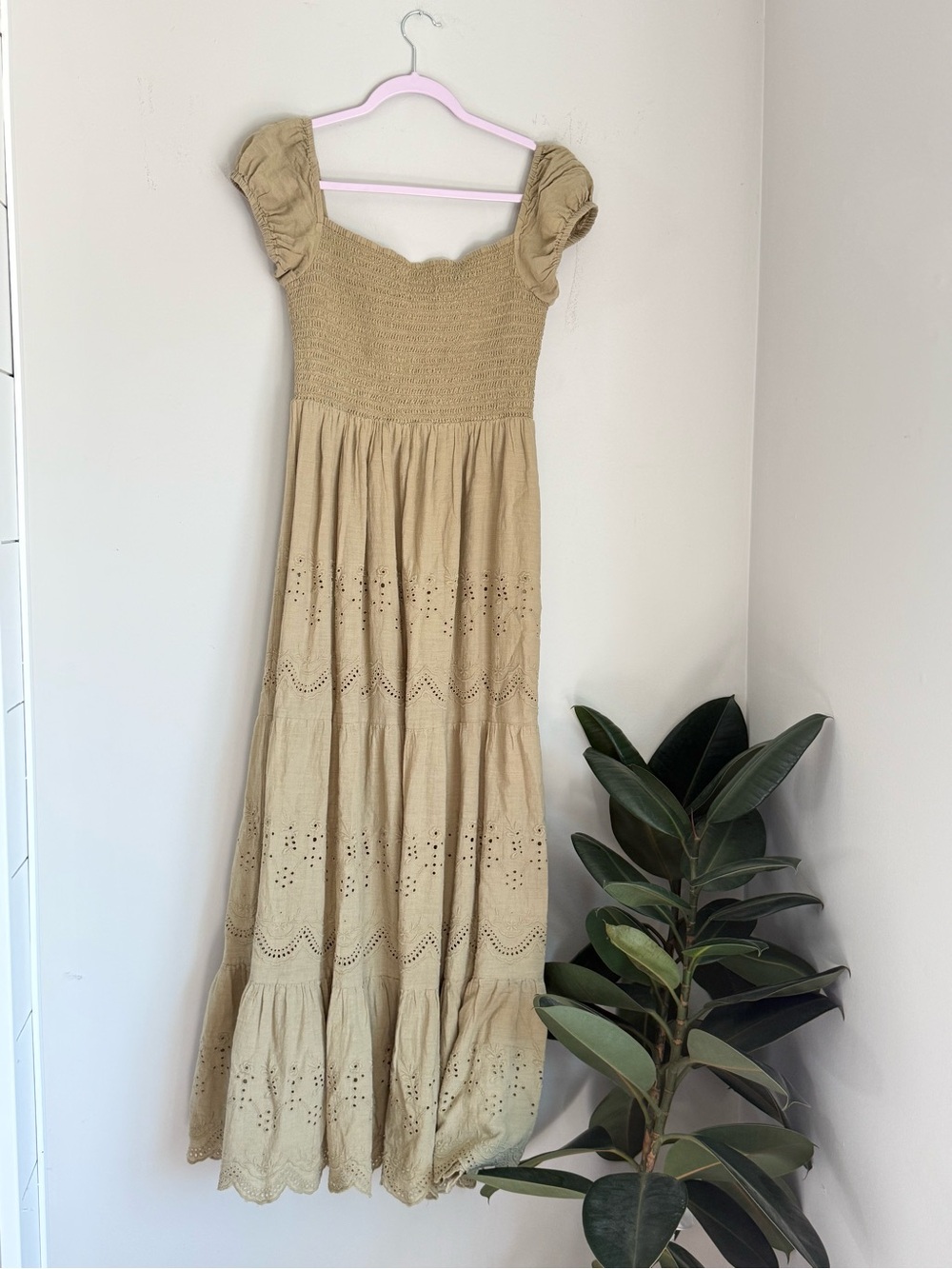 AREA Stars 100% Cotton Smocked Eyelet Maxi Dress  Boho Cottagecore Size L - Picture 3 of 6